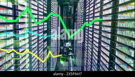 Green, yellow and blue graphs processing data over computer server room Stock Photo