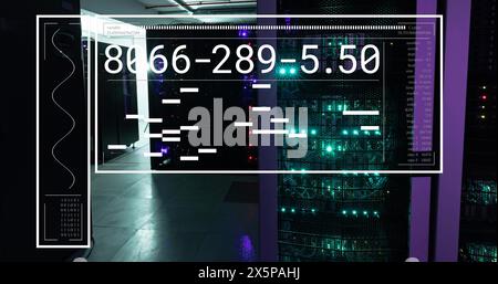 Data processing over glowing servers in dark computer server room Stock Photo