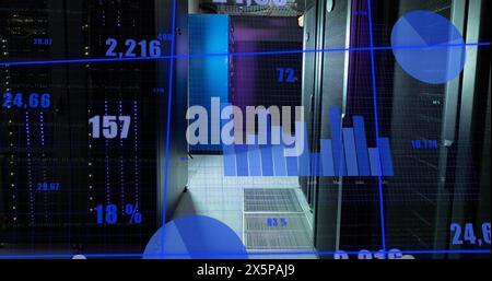 Blue charts and graphs processing data over glowing servers in dark computer server room Stock Photo