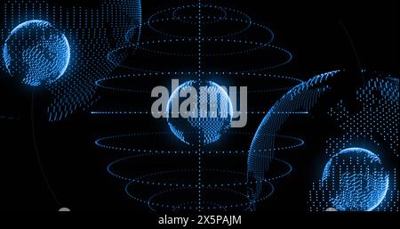 Image of light trails spinning over globes against black background Stock Photo