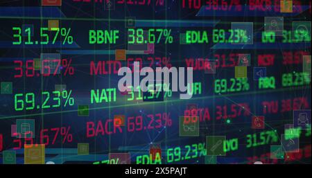 Image of stock market data processing, network of digital icons and plexus networks Stock Photo