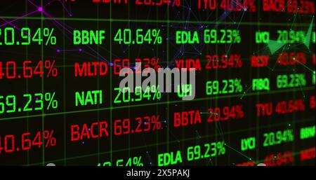 Image of stock market data processing and plexus networks against black background Stock Photo