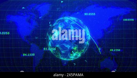 Image of globe of plexus networks spinning over world map against blue background Stock Photo