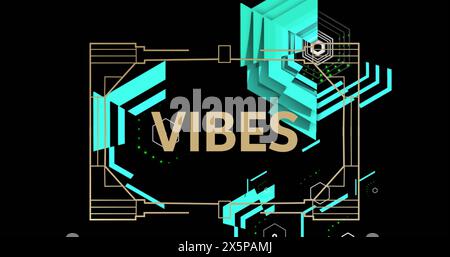 Image of vibes text in abstract pattern over hexagons against black background Stock Photo