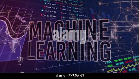 Image of machine learning text over multiple graphs, trading boards and computer language Stock Photo