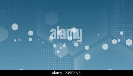 Image of good vibes text in rectangle over hexagons and dots against blue background Stock Photo