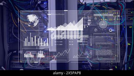 Image of interface with data processing against close up of a computer server Stock Photo