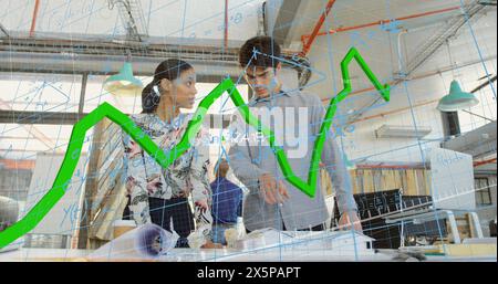 Image of graph, changing numbers and mathematical equations, diverse coworkers sharing ideas Stock Photo