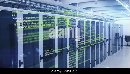 Image of computer language and lens flares over data server racks in server room Stock Photo
