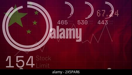Image of loading circles, graphs and changing numbers over waving flag of china Stock Photo