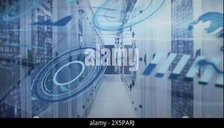 Image of circles, globe, graphs over binary codes on data server racks in server room Stock Photo