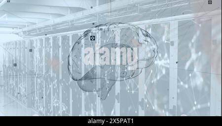 Image of network of connections and brain over server room Stock Photo