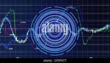 Image of financial data processing over round scanner against blue background Stock Photo