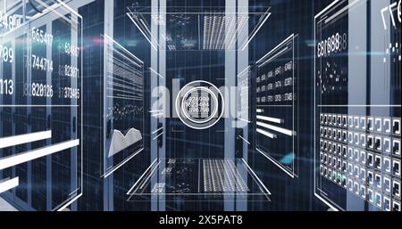 Image of graphs, changing numbers, loading circles and bars over server room Stock Photo