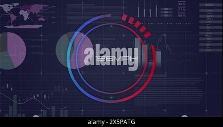 Image of speedometer over statistical data processing against blue background Stock Photo