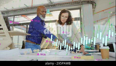 Image of graphs, trading board, mathematical sums, diverse architects discussing house models Stock Photo