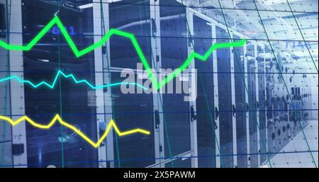 Image of graphs, changing numbers, computer language over data server room Stock Photo