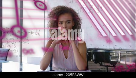 Composite image of caucasian woman with statistical data processing against composite background Stock Photo