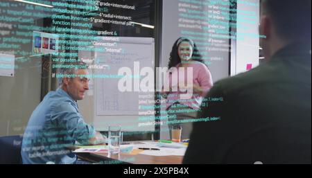 Image of computer language over diverse female explaining reports to coworkers in office Stock Photo