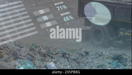 A garbage truck collecting waste, digital data overlay in view Stock Photo
