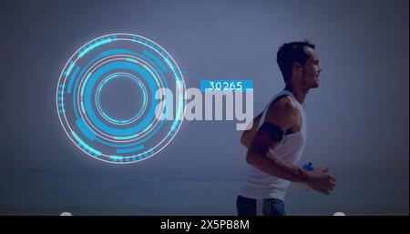 Image of scope scanning with numbers over caucasian man running Stock Photo