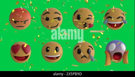 Image of confetti falling over rows of emoji emoticon icons over green screen Stock Photo