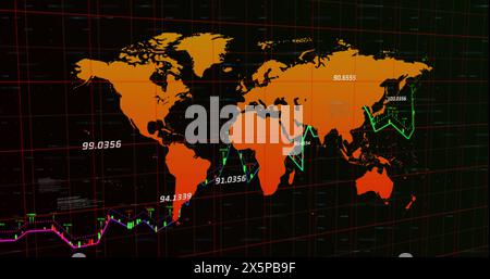 Image of numbers changing and data processing with world map Stock Photo