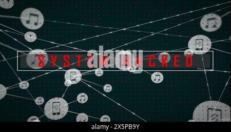 Red warning text displaying SYSTEM HACKED overlays digital background Stock Photo