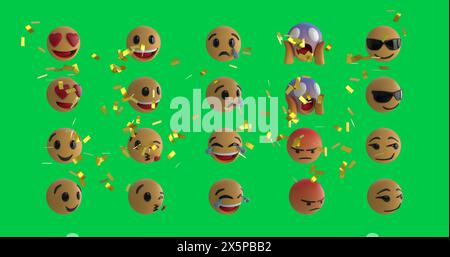 Image of confetti falling over rows of emoji emoticon icons over green screen Stock Photo