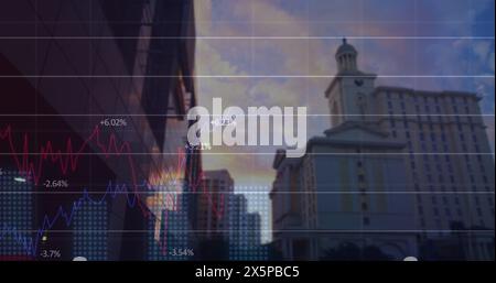 Image of financial graphs and data over cityscape Stock Photo