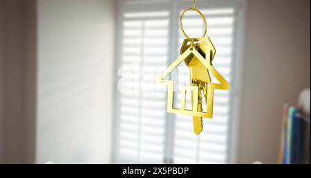 Image of golden key with house shape over empty room Stock Photo