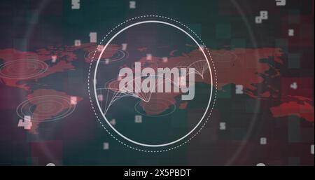 Image of dna strands spinning and numbers processing over world map Stock Photo