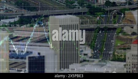 Image of financial graphs and data over cityscape Stock Photo