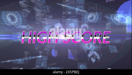 Image of high score text over data processing on dark background Stock Photo