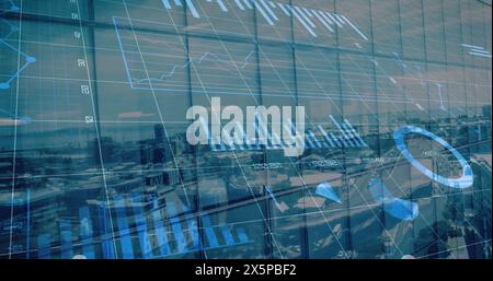 Image of financial graphs and data over cityscape Stock Photo
