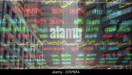 Image of financial graphs and data over cityscape Stock Photo