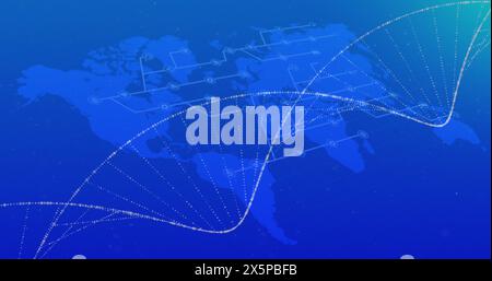 Image of dna strands spinning and connections over world map Stock Photo