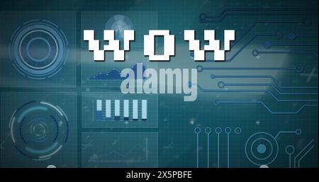 Image of wow text over data processing on dark background Stock Photo