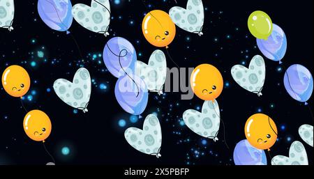 Image of balloons and hearts floating over black background with dots Stock Photo