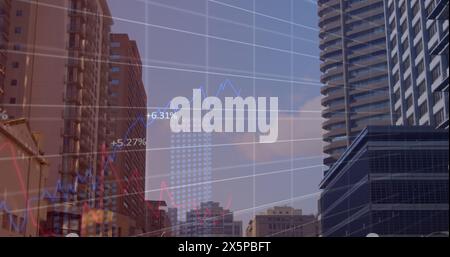 Image of financial graphs and data over cityscape Stock Photo