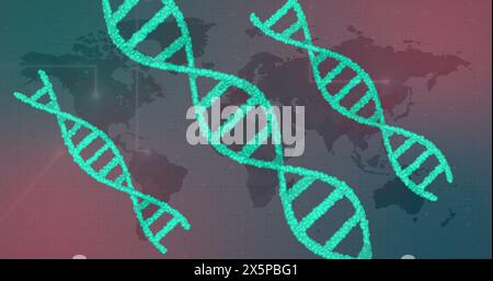 Image of dna strands spinning and glowing spots over world map Stock Photo