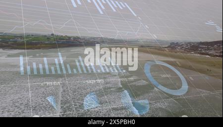 Image of financial graphs and data over seascape Stock Photo