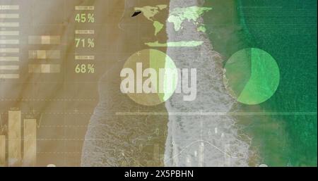 Image of financial graphs and data over beach and sea Stock Photo