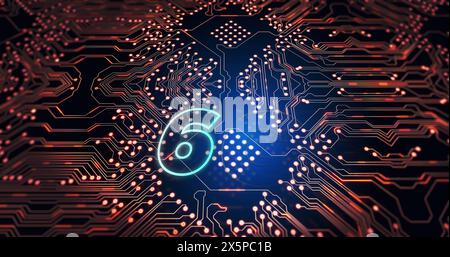Digital image of 6g text against microprocessor connections on blue background Stock Photo