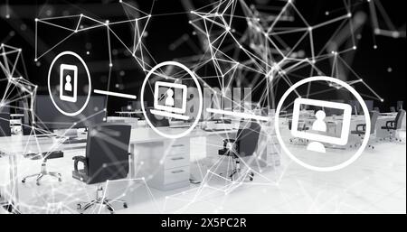 Image of media icons and communication network over chairs and tables in empty office Stock Photo