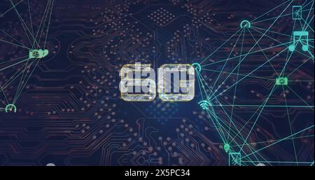 Image of 6g text connections over computer circuit board Stock Photo