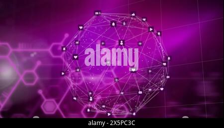 Globe of digital icons spinning over chemical structure against purple background Stock Photo