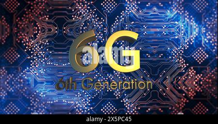 Digital image of 6g text banner spinning against microprocessor connections on blue background Stock Photo