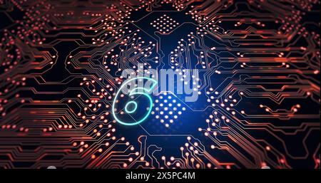 Digital image of 6g text against microprocessor connections on blue background Stock Photo