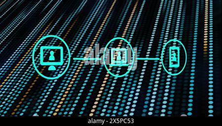 Image of connections with icons over dots moving on black background Stock Photo